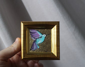 Pintura al óleo de colibrí con pan de oro - Miniatura enmarcada de 2x2