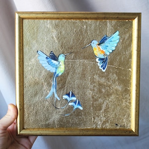 Kolibri Loddigesia mirabilis Ölgemälde mit Blattgold original gerahmt Blattgold Kunst Blattgold Textur Wandkunst Ölgemälde Auf Leinwand