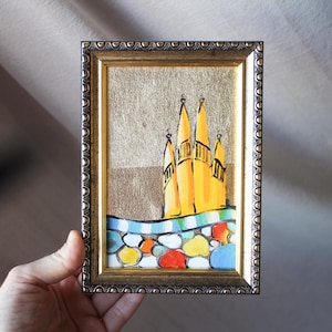 バルセロナの油絵：金箔を施したグエル公園の額入り油絵（4 x 6インチ）