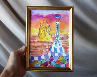 バルセロナのサグラダ・ファミリアのオリジナル水彩画からのアート