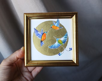 Colibri peinture peinture oiseau avec feuille d'or aquarelle 4 x 4 cercle géométrique original encadré illustration oiseau décor art mural