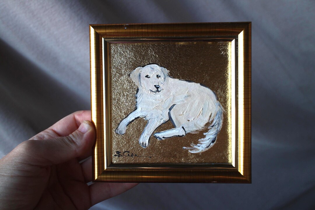 額入りゴールデンレトリバー油絵：オリジナル犬の肖像画アート 4x4