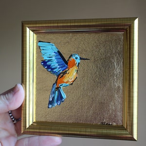 Hummingbird original Oil Painting: Gold Leaf Texture Art Framed 4x4 in