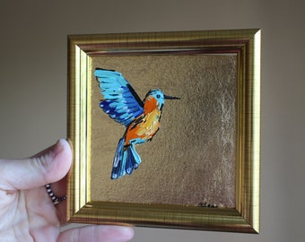 Pintura al óleo original de colibrí: Arte con textura de pan de oro, enmarcado, 4 x 4 pulgadas.