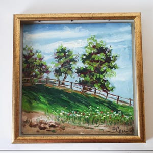 Prati estivi Dipinto Paesaggio Dipinto a olio originale con cornice Campo di fiori Paesaggio di campagna Prato di fiori Belle arti Piccola opera d&#39;arte