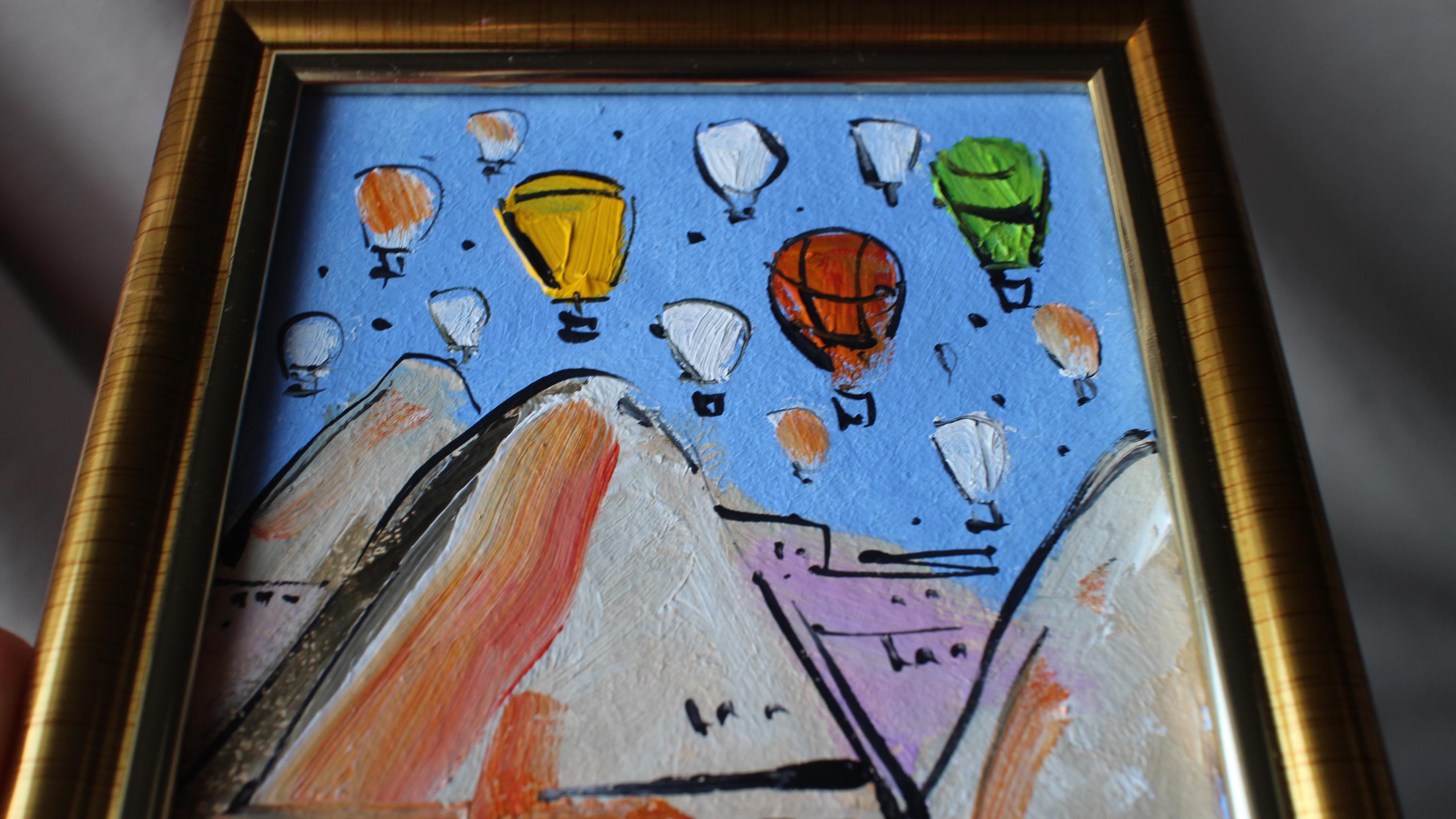カッパドキア熱気球油絵、額入り小型壁掛けアート（4x4） - Etsy 日本