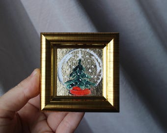 クリスマスツリー スノードーム 油絵 金箔 - 2x2 額入り オリジナル