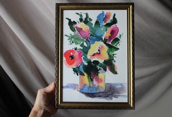 オリジナル花の水彩画：額入り花束アート（A4） - Etsy 日本