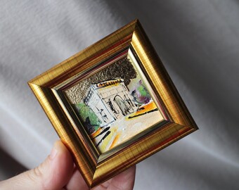 パリ凱旋門の絵画：ミニ油絵、金箔額入り都市風景画、2x2 - Etsy 日本