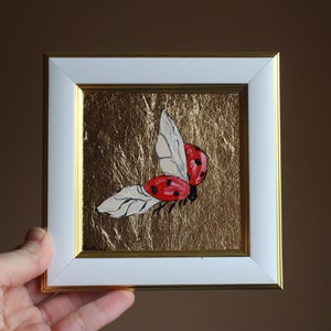 Mariquita Pintura al óleo en miniatura con pan de oro 4x4 enmarcado Pequeña pintura al óleo original