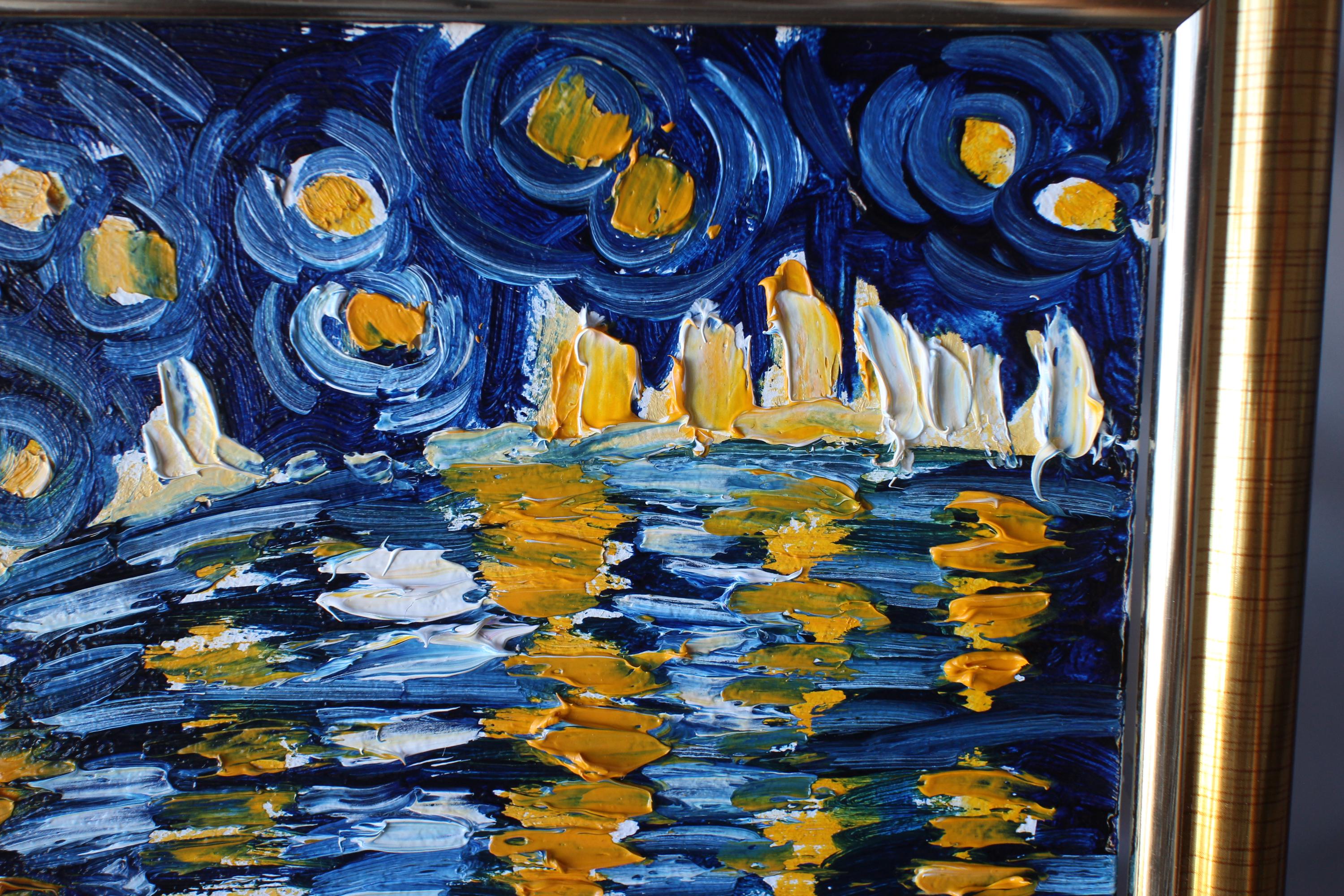 ヴィンセント・ヴァン・ゴッホ「星月夜」額入り、オリジナル絵画 4x6