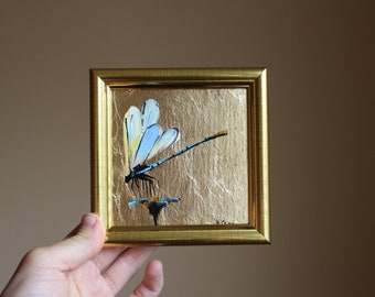 Dragonfly Miniature oil Painting framed original with gold leaf dragonfly painting Handmade Miniature original oil painting Gift for Her