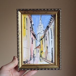 Peinture à l'huile originale de Tolède Espagne encadrée 4 x 6 Tolède paysage urbain rue architecture Art moderne peinture originale