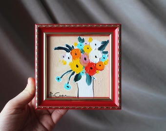 Floral abstract Original oil painting 4x4 framed sketch flower mini palette knife miniature art