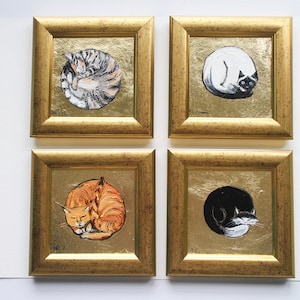 Set van 4 schilderijen kat met bladgoud olieverfschilderij met bladgoud 4 x 4 origineel schilderij ingelijst schilderij zwarte kat origineel ingelijst