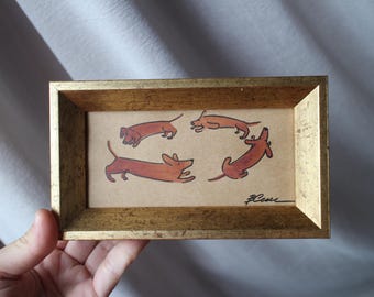 Brown Dachshunds Watercolor Painting: Original Framed Dog Portrait Art