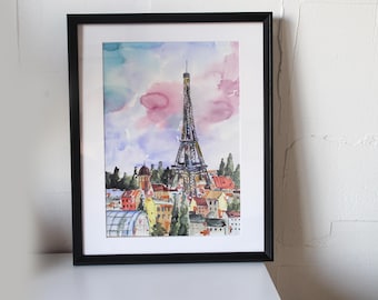 Framed Eiffel Tower Watercolor Painting: Paris Rooftops Small Art