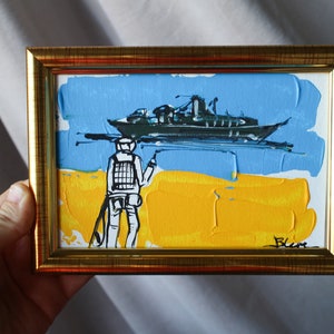 Rosyjski okręt wojenny idź się pieprzyć oryginalny obraz olejny 4x6 Wyprodukowano na Ukrainie w wojnie Chwała Ukrainie