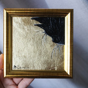 Olieverfschilderij zwarte kat met bladgoud met bladgoud 4 x 4 origineel schilderij ingelijst schilderij zwarte kat origineel ingelijst