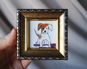 Framed Jack Russell Terrier Portrait, Original Oil Painting (2x2)