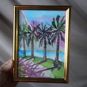 Hawaii Painting Beaches watercolor painting original framed Seascape Tropical Palm Tree sunshine filled weekend
