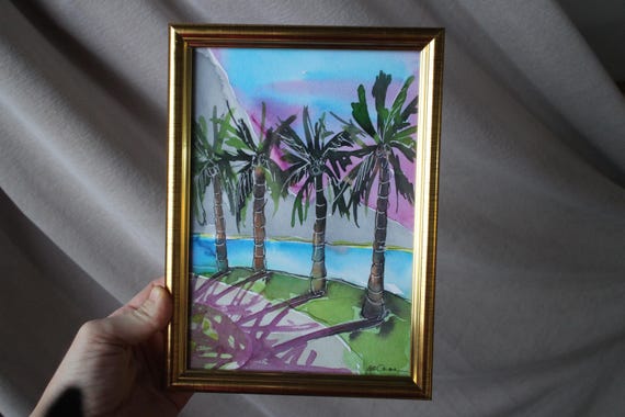 Hawaii Painting Beaches watercolor painting original framed Seascape Tropical Palm Tree sunshine filled weekend