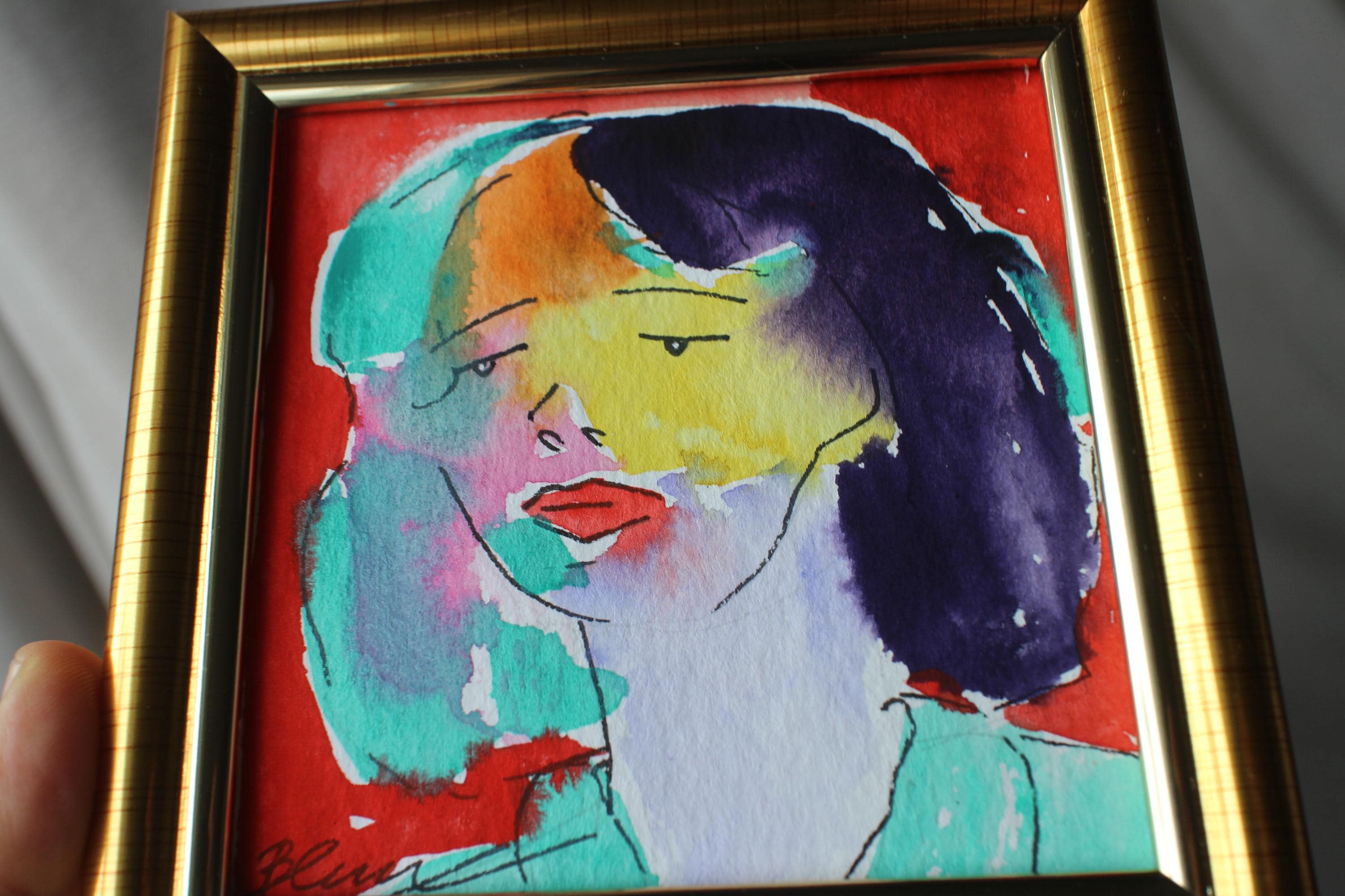 額入り女性の肖像画：オリジナル水彩画、4x4 - Etsy 日本