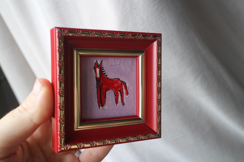 Red Fire horse miniature original oil painting framed 2x2 image 5