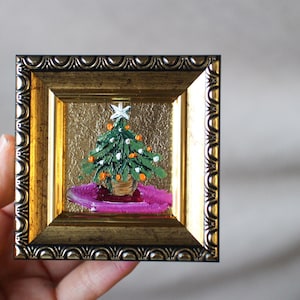 Árvore de Natal pintura a óleo com folha de ouro original emoldurado 2x2 Floresta de inverno Pintura a óleo original Árvore de Natal presente Saudação