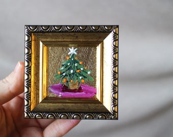 Christmas tree oil painting with gold leaf original framed 2x2 Winter forest Original Oil Painting Christmas tree gift Greeting