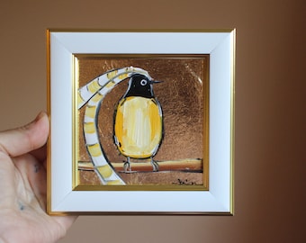 ザクセン王の鳥油絵オリジナルクラフトハンドメイド：金箔額入りアート