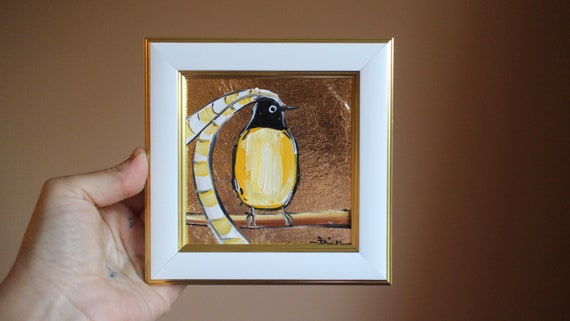 ザクセン王の鳥油絵オリジナルクラフトハンドメイド：金箔額入りアート