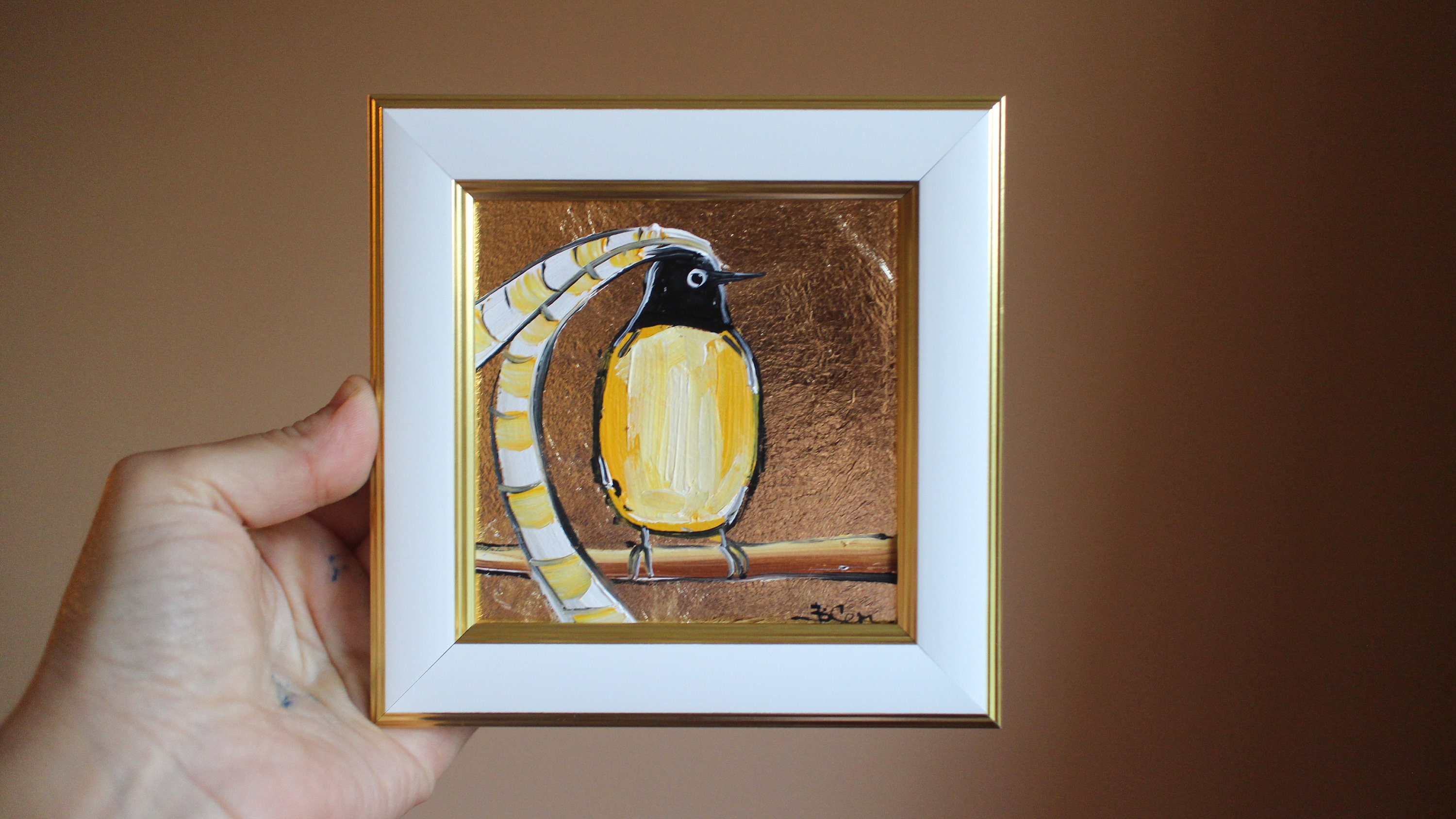 ザクセン王の鳥油絵オリジナルクラフトハンドメイド：金箔額入りアート