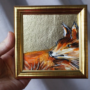 Retrato de zorro, pintura al óleo, pintura original enmarcada con pan de oro, 4x4, pintura de búho, ilustración original enmarcada, decoración del hogar, arte de pared
