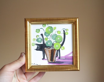 The cat overturned the flowerpot Pilea oil Painting 4x4 original painting framed Black cat painting original framed