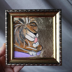Retrato de leão pintura a óleo pintura original emoldurada folha de ouro 4x4 leão pintura original emoldurada ilustração decoração para casa arte de parede