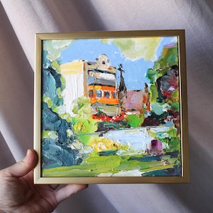 Casa no parque Paisagem pinheiros original 8x8 em Pintura A Óleo Natureza Pintura de Paisagem Floresta Lago Pintura Original Floresta