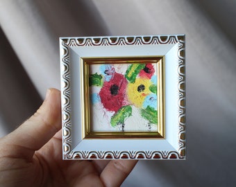 Mini peinture florale pastel à l'huile encadrée 2 x 2 dans une fleur originale, nature morte faite main, peinture de bouquet, peinture au couteau