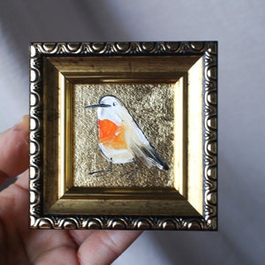 Robin birds oil Painting with gold leaf framed 2x2 gold Leaf Art Robin Red Breast BirdGold Leaf Texture Wall Art Oil Painting