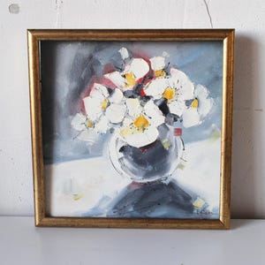 Impasto anemones white flowers art 12x12 oil painting framed original Small painting flower Handmade Still life painting Bouquet painting
