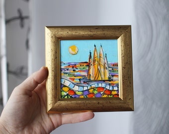 Sagrada Familia Painting: Framed Barcelona Oil Painting (4x4 in)