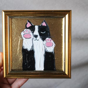 Las patas del gato Pintura al óleo Pintura original 4x4 enmarcada con pan de oro Pintura de gato original enmarcada