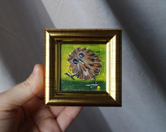 Retrato de búho bebé: pintura al óleo original, miniatura enmarcada (2x2)