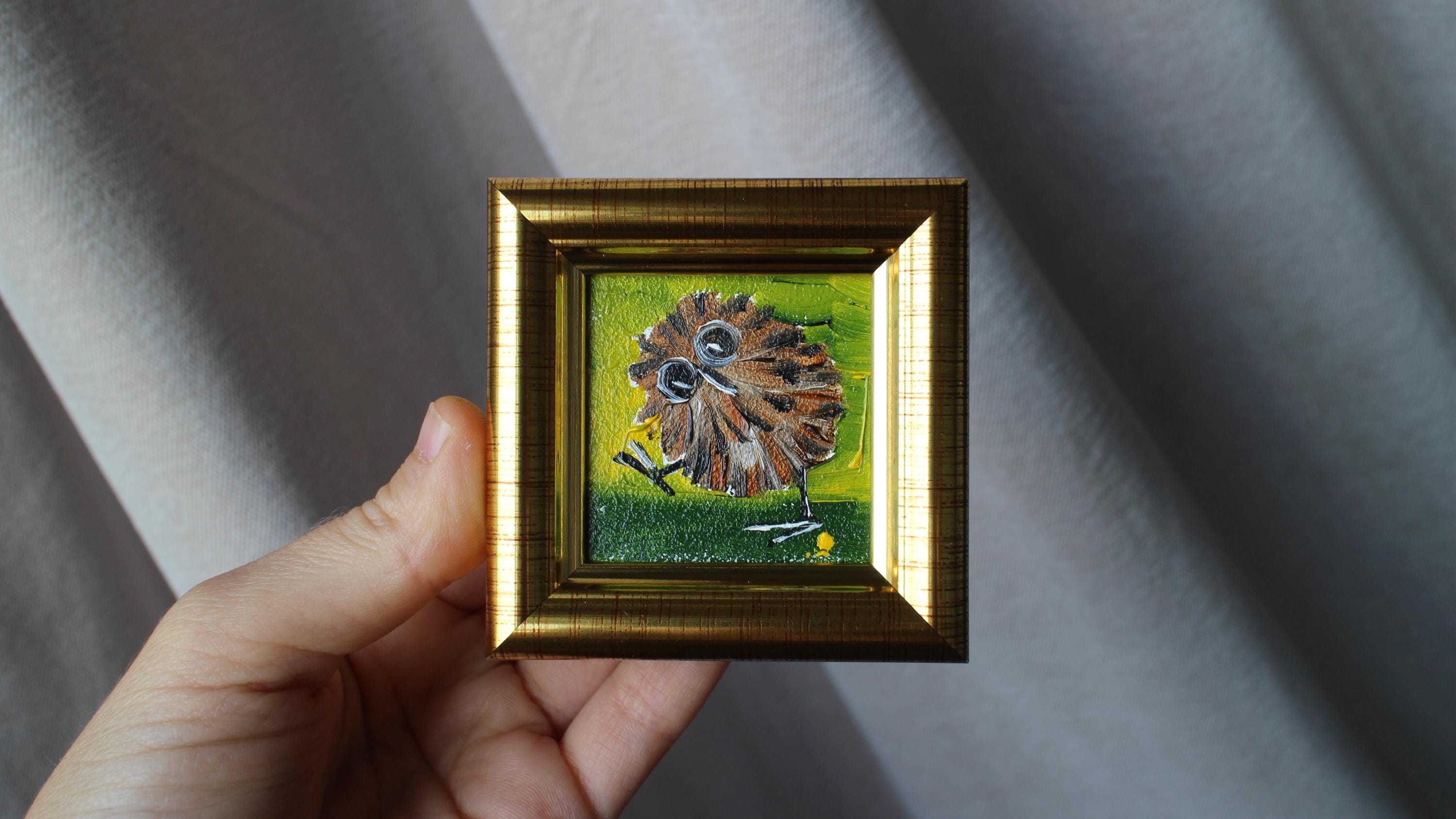 Baby Owl Portrait: Original Oil Painting, Framed Miniature (2x2)