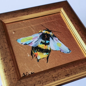 Bumblebee Miniature oil painting with gold leaf 4x4 framed Small original Oil painting flower image 8
