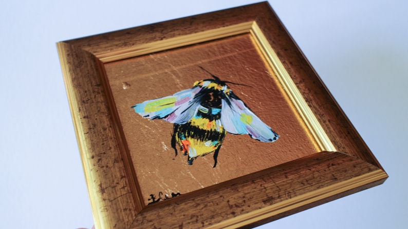 Bumblebee Miniature oil painting with gold leaf 4x4 framed Small original Oil painting flower image 8