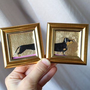 Pintura al óleo de perro salchicha con pan de oro original enmarcada doble arte 2x2 + 2x2 perro Pintura al óleo Pintura de cachorro Retrato de perro