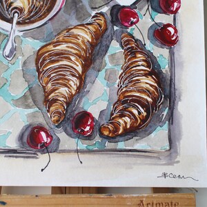 Food breakfast croissant coffee painting watercolor original framed illustration cafe decor wall art gift