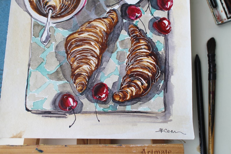 Food breakfast croissant coffee painting watercolor original framed illustration cafe decor wall art gift