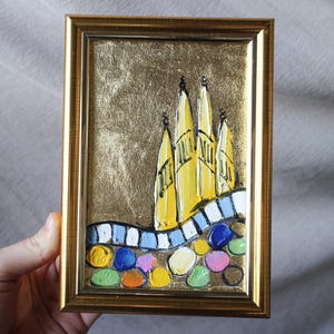 Barcelona oil Painting framed original with gold leaf Park Guell Barcelona Small Oil Painting Barcelona Painting Decor Spain Sagrada Familia